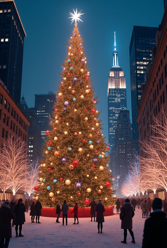 Christmas Abroad、night、The city is sparkling with light、illumination、Christmas tree、Christmas treeに色とりどりのilluminationがついている、大きなChristmas tree、New York Cityscape、christmas song、