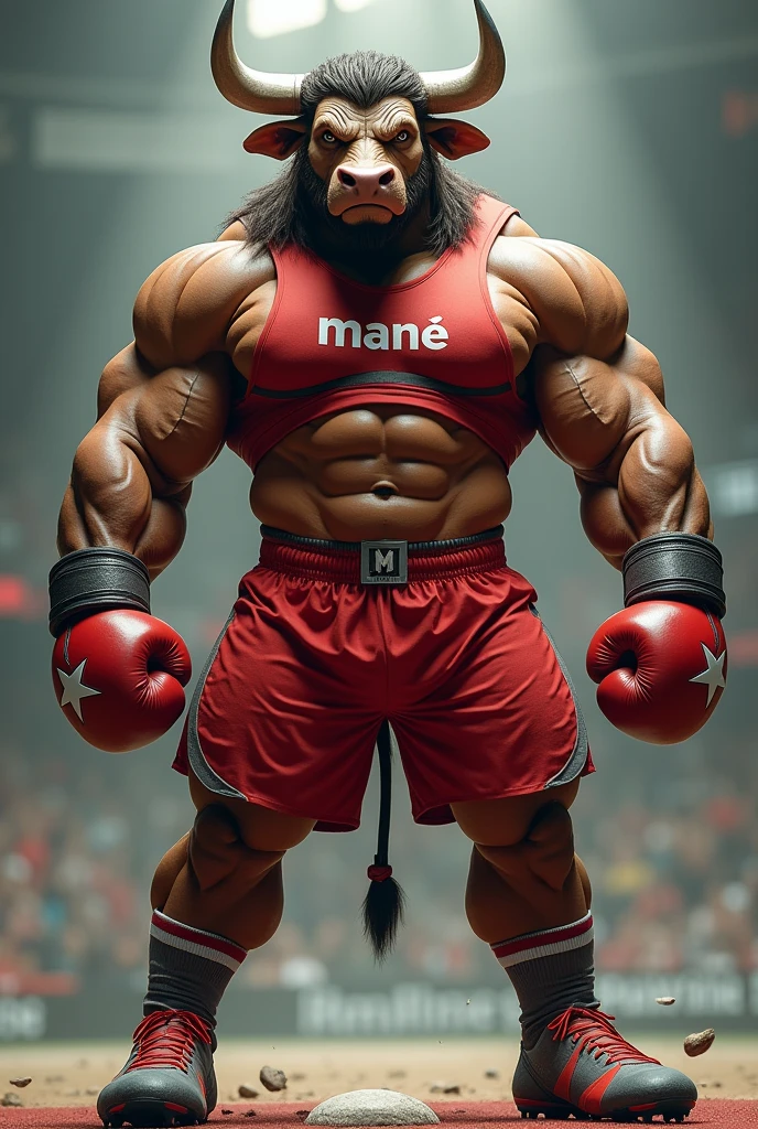 bull:
The bull is portrayed in a realistic and imposing way, with a muscular physique and a confident posture. The bull's skin is a natural tone, like brown or black, with texture details to show the realism of hair and muscles.
boxing gloves:
The bull is wearing a pair of red boxing gloves. Gloves should be realistic and appear to fit snugly over the bull's front legs.. Details such as seams, signs of wear and shine should be visible to enhance realism.
soccer cleats:
On the bull's hind feet, he is wearing soccer cleats. The boots must have a modern and realistic design., with details such as studs and the typical finish of a sports shoe. They should appear to be well adapted to the shape of the bull's hind legs..
chemise:
The bull is wearing a red shirt with gray details. The shirt should have a sporty or casual design., with a realistic fit that fits the bull's body. The shirt has the word “Mané” written in a legible font and highlighted in the center of the chest.. Typography can be in a contrasting color, like white or black, to ensure good visibility.
Shorts de Muay Thai:
O touro usa shorts de Muay Thai, that are traditional and loose, with a colorful and detailed design. The shorts must be red and have gray details that match the shirt.. The texture and details of the shorts should show typical characteristics of Muay Thai clothing., such as embroidery or traditional patterns.
Background and Environment:
The background can be a neutral environment or a sports arena, depending on the desired context. It can include subtle details like a boxing ring or a football field., but the main focus should be on the bull and its accessories.