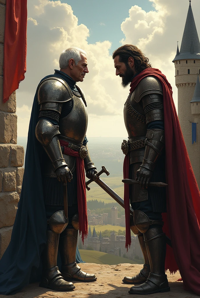 Create an image in which the comparison between a medieval hero seeking justice and another seeking revenge is clearly visible.. Mio Cid, a medieval hero, represents justice and moderation, making him an example of righteousness and wisdom VS another medieval hero who leans towards personal revenge and ambition. Indicating who represents what