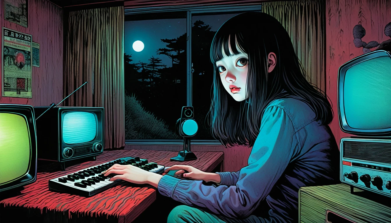 An illustration、art、Horror, Supervised by Junji Ito、Attention to detail, Realistic shadows、Analog Style, chromatic aberration, Surrealism、Late Night Radio