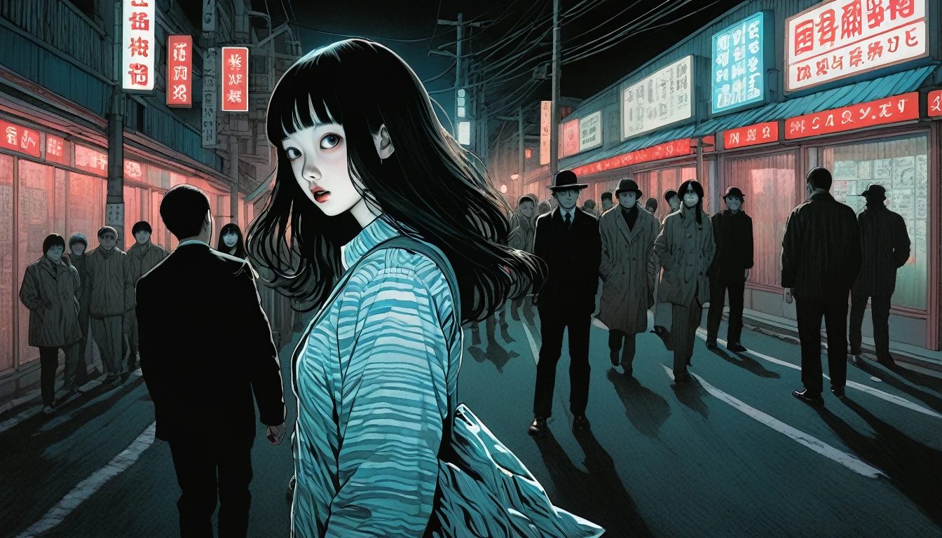 An illustration、art、Horror, Supervised by Junji Ito、Attention to detail, Realistic shadows、Analog Style, chromatic aberration, Surrealism、Late Night Radio