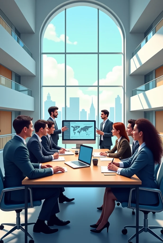 PEOPLE AT THE BUSINESS MEETING, YOUNG AND DIVERSE FORMAL CLOTHING, ADMINISTRATIVE DOME WITH OPEN COMPUTER WRITTEN BY MASP