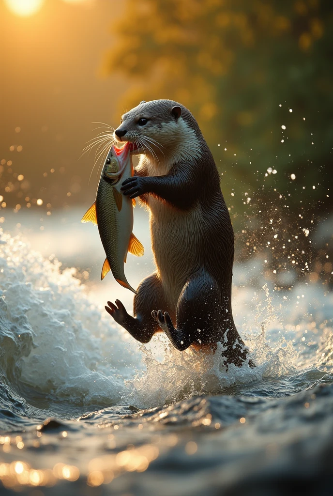 Sigma 85mm F/1.4,1/1000 sec shutter,ISO400,alone,1 Otter\(Wet,caught a big fish with his mouth,Jumping into the river\), break ,background\(Under the beautiful river,Strong, fast flowing river\), break ,quality\(8k,非常に精細なCGユニットのwallpaper, masterpiece,High resolution,top-quality,top-quality real texture skin,Surreal,Increase the resolution,RAW Photos,最高quality,Very detailed,wallpaper,Cinema Lighting,Ray-tracing,Golden Ratio\),Golden Hour,Dynamic Angle,Motion Blur,Award-winning