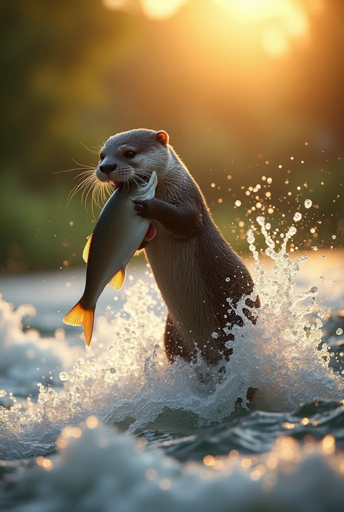 Sigma 85mm F/1.4,1/1000 sec shutter,ISO400,alone,1 Otter\(Wet,caught a big fish with his mouth,Jumping into the river\), break ,background\(Under the beautiful river,Strong, fast flowing river\), break ,quality\(8k,非常に精細なCGユニットのwallpaper, masterpiece,High resolution,top-quality,top-quality real texture skin,Surreal,Increase the resolution,RAW Photos,最高quality,Very detailed,wallpaper,Cinema Lighting,Ray-tracing,Golden Ratio\),Golden Hour,Dynamic Angle,Motion Blur,Award-winning