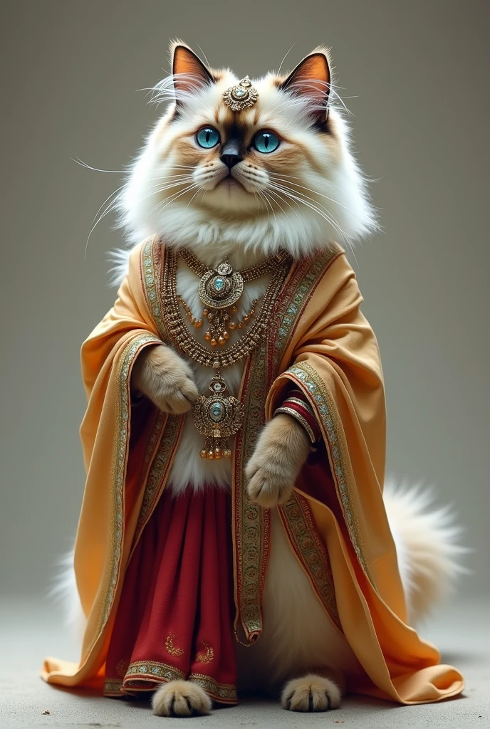 Excessive detail of a Himalayan cat standing on its legs wearing an Indian sari, jewelry on its head and ear rings. Full body image as real as in real life.