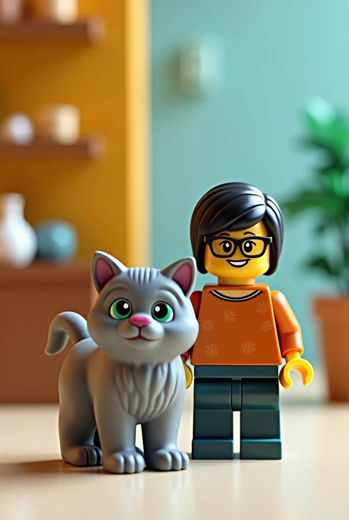 Create a lego of a young woman with dark hair that is not so long and light bangs, Wearing glasses , smiling with a long-haired gray cat with green eyes, Looking forward. All of Lego