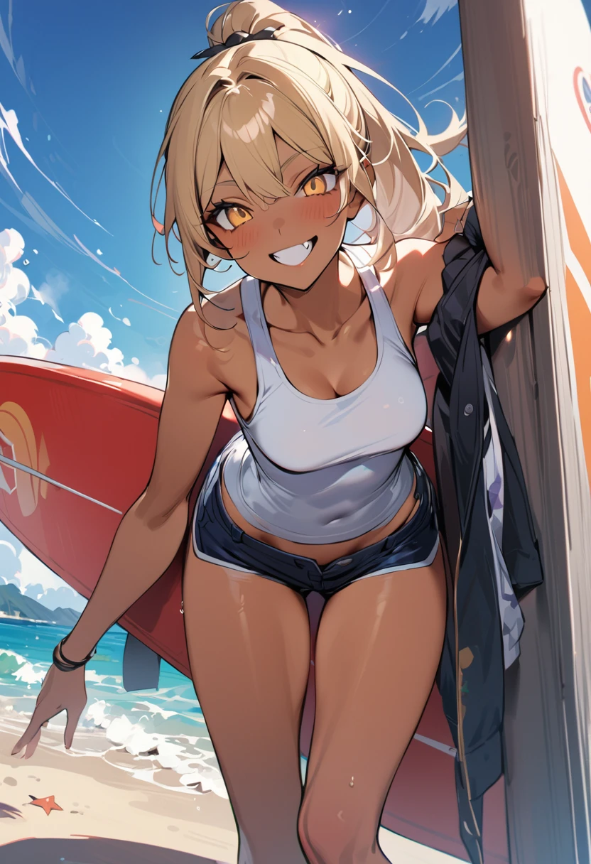 (masterpiece, best quality:1.5), (high resolution 8K), detailed eyes and face, detailed body,
BREAK 1 girl, japanese girl, longhair, ponytail, blonde hair, blonde eyes, wave hair, (mascara:1.2), (tan skin, dark skin:1.2), double teeth, fang, (piercing:1.2), medium breasts,
BREAK Tank top, board shorts, flip-flops, sunglasses, surfboard under arm, BREAK standing casually by a lifeguard tower, BREAK (confident smile:1.4), laid-back and cool atmosphere, BREAK on a sandy beach, with waves and surfers in the background