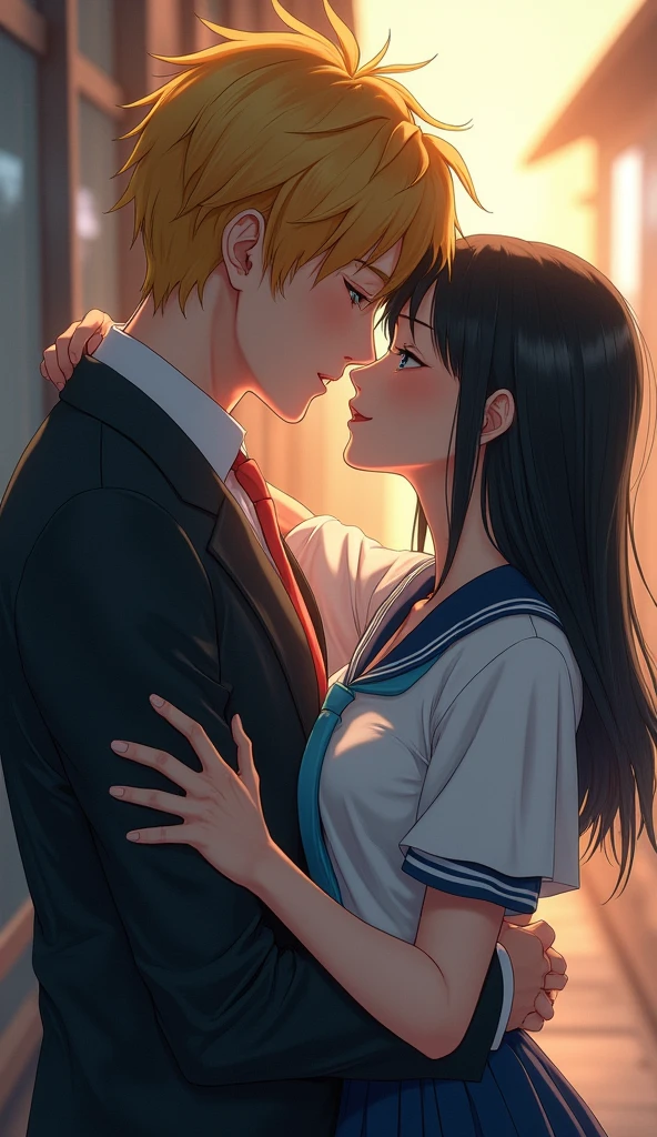 (32K:1.9, Realistic:1.9, Highest quality, masterpiece, Ultra-high resolution), Perfect dynamic composition:1.3, Highly detailed skin and facial textures:1.3, (Cute sexy slim Japanese schoolgirl, Height: 155cm), ((Slim man, Length 180cm)), (They both close their eyes, A man carries a woman in his arms:1.3, to kiss:1.4), Fair skin, ((Clarity:1.1)), (The guy has a great uniform:1.3, Bright yellow hair, beautiful目:1.3), (The woman is wearing a uniform with a light blue tie..:1.3, Straight black hair.:1.3, smile:0.9, A man completely charms a woman:0.9, beautiful Blue Eyes, beautiful, Clear Eyes:0.8), Sexy Face:0.4, blush:1.1, (beautifulエロティシズムを醸し出す雰囲気:0.8), Professional random camera work, Cinematic Lighting Effects, (Full Body Shot), (Too erotic), romantic, mysterious, Object of admiration, original, dramatic, artistic, Innovative, charm, Heartful, Fancy, Tilt, sense of loss, special, exciting, Extreme, sense of openness, joy, joyの表現, ((若さのcharm, 女性的なcharm))