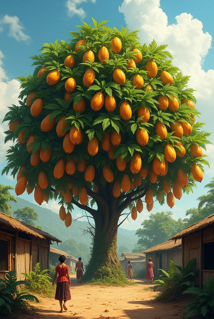 A papaya tree with 10,000 fruits.In a poor village with many people 