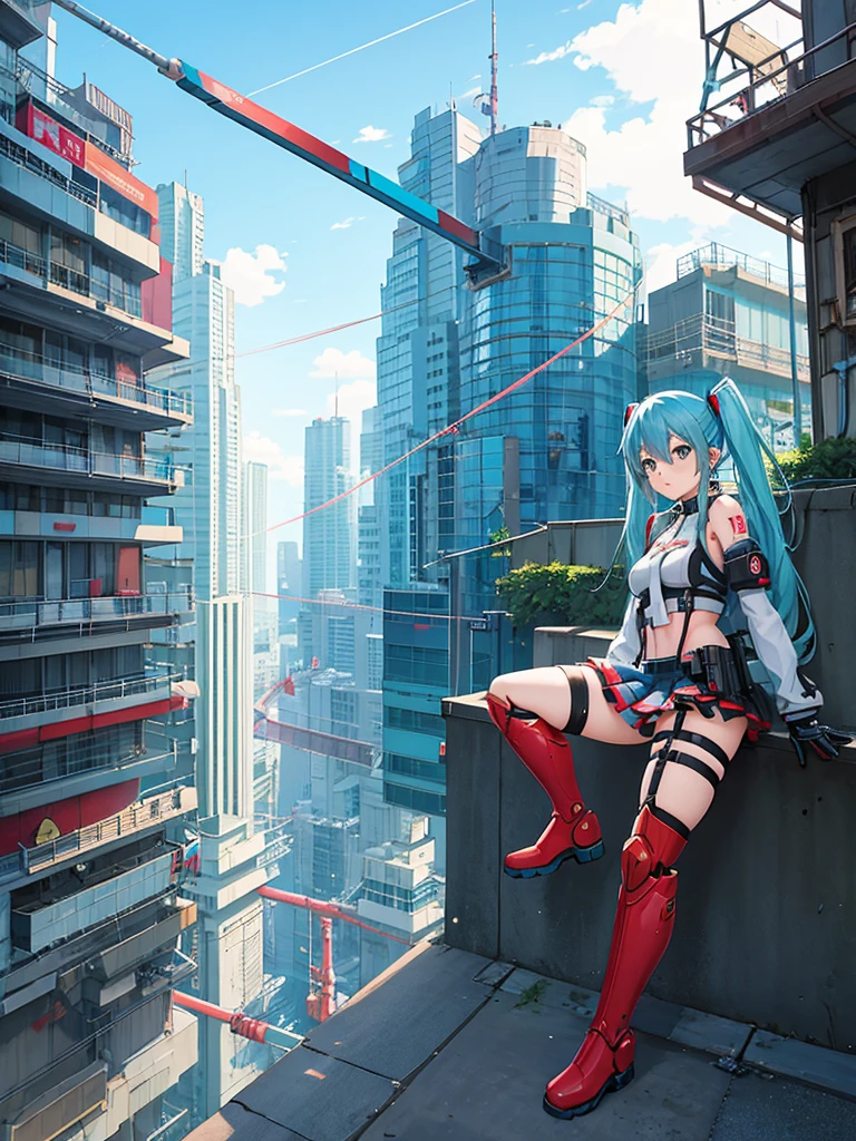 anime girl with blue hair and red boots sitting on a ledge, zerochan art, cyberpunk anime girl mech, by Shingei, by Shitao, cushart kenz, hatsune miku in warhammer 40k, anime cyberpunk art, kantai collection style, digital cyberpunk anime art, kill la kill illustration, mechanized valkyrie girl, pixiv contest winner