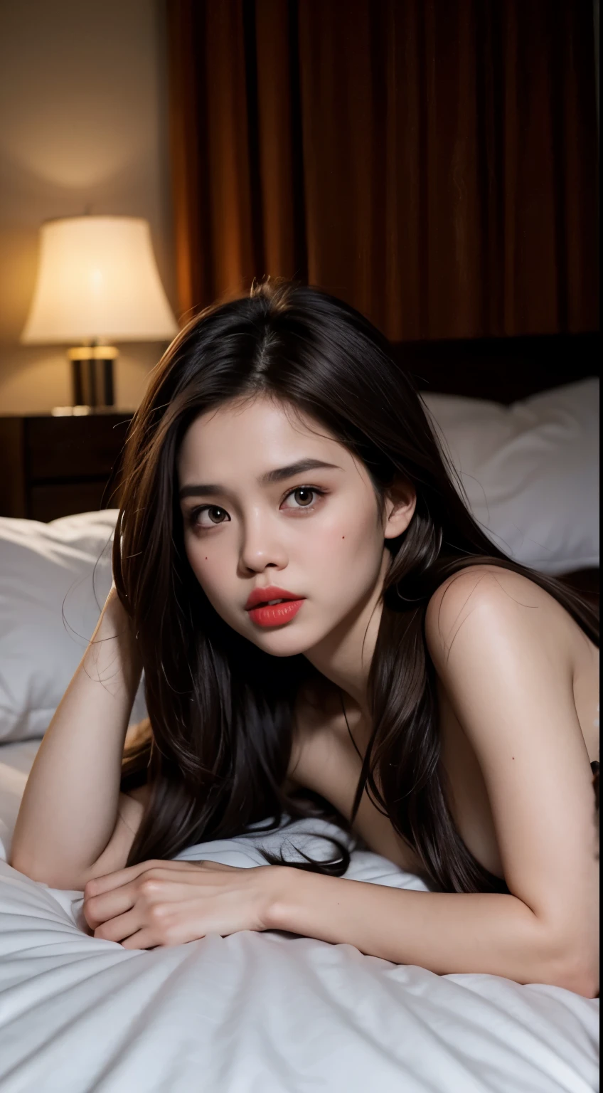 praying, javanese, (((Brown Long Hair))), Red lips, Naked, reflection light, chiaroscuro, depth of field, cinematic lighting, Lying down、Single Bed、Lying in Bed、 pillow、Lying down、(sleep)、small breast. Background in bedroom.