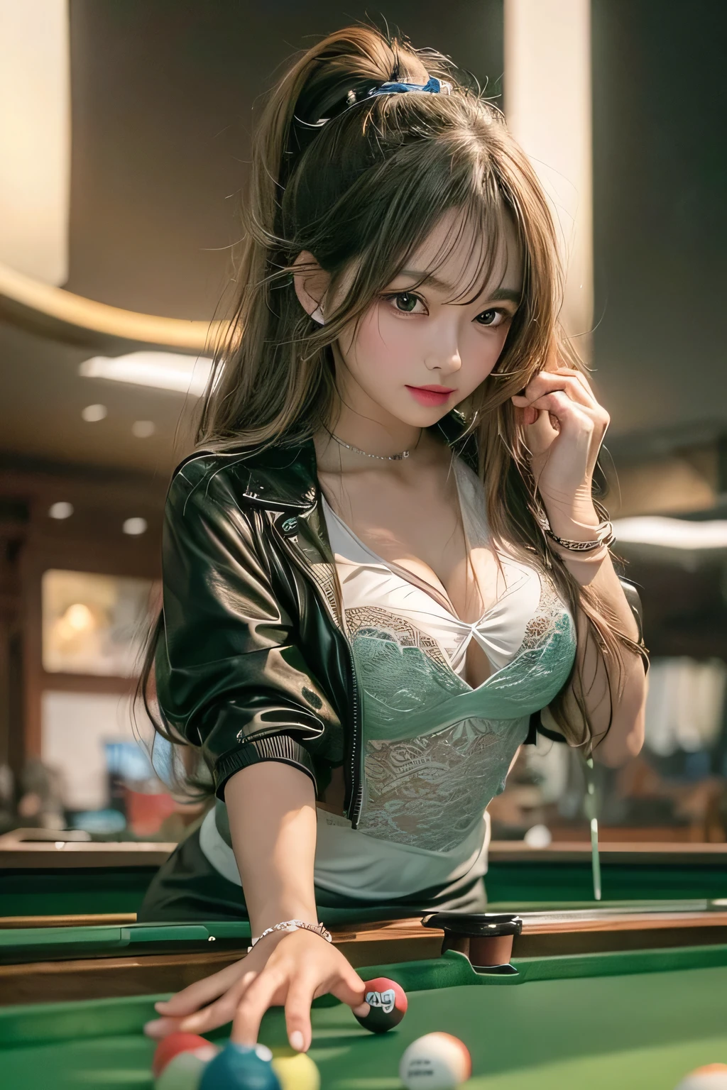 masterpiece, 1 cute girl, (highest quality, 8k, 32K, masterpiece), (Realistic), (Realistic:1.2), (High resolution), (small breasts:1.3), (Crystal colorful lights), Extremely refined and beautiful, beautiful detailed eyes, Round eyes, detailed facial features, Shiny skin, (smile), (she plays billiards:1.3), (wearing a white tight shirts and black tight skirt), long hair, brown hair, (midnight), billiards hall, aiming her shot, The setting includes modern overhead lighting, aiming her shot, Leaning on the table with intent to play billiard, (She is leaning intently over a green pool table in a modernly styled:1.3), She's got her sights set on it,