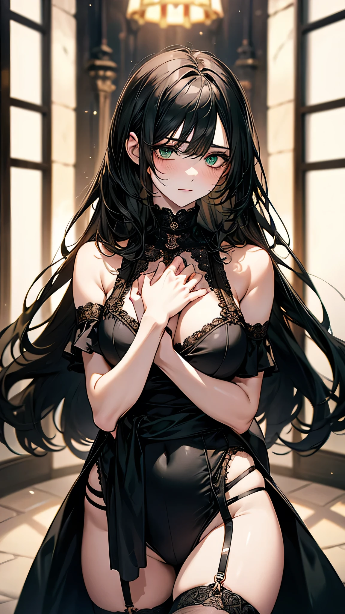 4K resolution,((Highest quality)),Ultra-high resolution,young woman, alone, sexy, (sad look), (Dark green eyes), Beautiful and symmetrical face, (Long, messy black hair down to her waist),Gothic dress with a large bust,garter belt,Realistic:1.4,Realistic:1.4,(masterpiece:1.2),Perfect Eyes,Perfect Eyes,Perfect Legs,Indoors at night,Ample breasts,Perfect thighs,Perfect Legs,slave