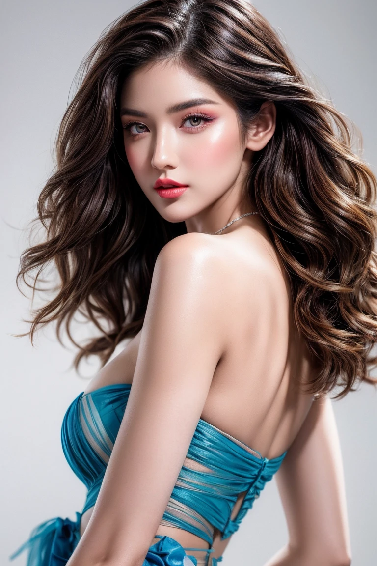 Realism, Realistic, ultra realistic details: velvety skin, symmetrical lips, (light glossy red_lipstick), long blue_eyelashes, pupils, (clear sharp focus, not blurry, Realistic brown_eyes:1.35), BREAK, ultra realistic 8k cg, masterpiece, best quality, intricate details, chromatic aberration, (anatomically correct), (perfect proportions), Hyper-Photorealistic ((portrait)) a cute 1model:1.4 24yo, pore and detailed, intricate detailed, graceful and beautiful textures, RAW photo, 16K, diffused sunlight, 8K, exceptionally detailed RAW color photo, professional-grade photograph, ultra-high resolution, (lenz 80mm), (F/1.2), A high fashion magazine cover photo shoot. A model stands elegantly against a vibrant white accented painterly multi coloured background, wearing a colorful, satin gown with, immaculate face-makeup. . The dress features a mix of bold colors and patterns, accentuating the model's silhouette. Her long, dark hair billows dramatically to the side, creating a sense of movement, while her makeup is striking, with bold eye makeup and red lips. She gazes confidently over her shoulder