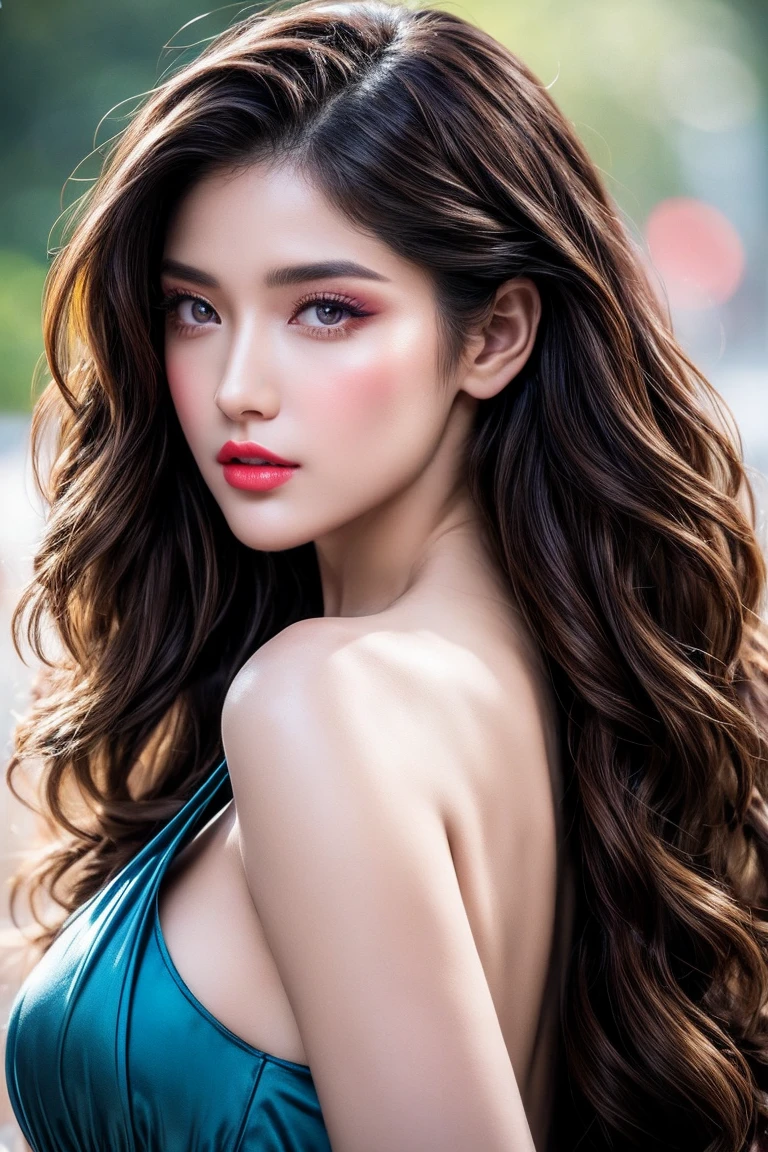 Realism, Realistic, ultra realistic details: velvety skin, symmetrical lips, (light glossy red_lipstick), long blue_eyelashes, pupils, (clear sharp focus, not blurry, Realistic brown_eyes:1.35), BREAK, ultra realistic 8k cg, masterpiece, best quality, intricate details, chromatic aberration, (anatomically correct), (perfect proportions), Hyper-Photorealistic ((portrait)) a cute 1model:1.4 24yo, pore and detailed, intricate detailed, graceful and beautiful textures, RAW photo, 16K, diffused sunlight, 8K, exceptionally detailed RAW color photo, professional-grade photograph, ultra-high resolution, (lenz 80mm), (F/1.2), A high fashion magazine cover photo shoot. A model stands elegantly against a vibrant white accented painterly multi coloured background, wearing a colorful, satin gown with, immaculate face-makeup. . The dress features a mix of bold colors and patterns, accentuating the model's silhouette. Her long, dark hair billows dramatically to the side, creating a sense of movement, while her makeup is striking, with bold eye makeup and red lips. She gazes confidently over her shoulder