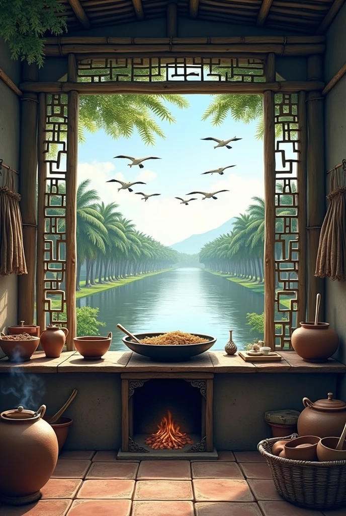 Give me a realistic picture of an old Vietnamese kitchen, behind is a river with rows of green coconut trees on both sides, a bamboo fence in the sky with a flock of storks flying over., blue smoke afternoon