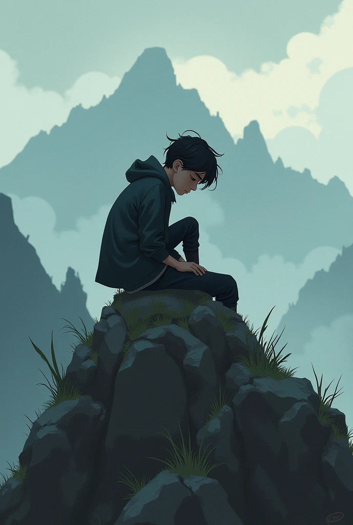 A young boy sit in the top of tha mountain and he is depressed