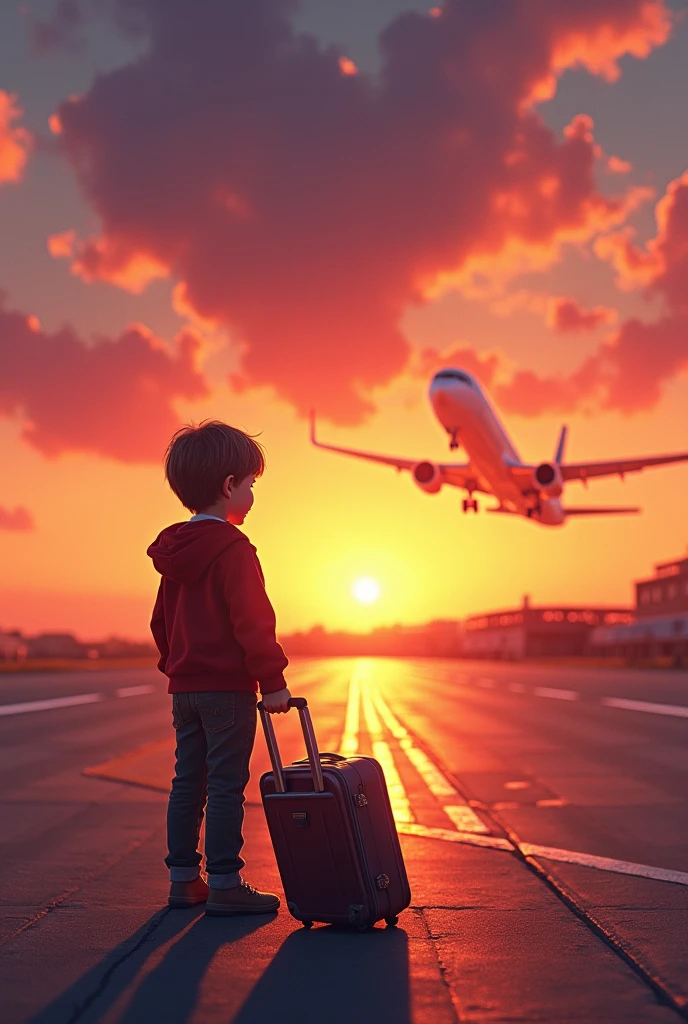 Make me a picture of a child with his suitcase in his hand saying goodbye to a plane taking off from the runway, leaving his destiny flying away while the child watches the tail of the plane move away with nostalgia, realist, vibrant colors at sunset