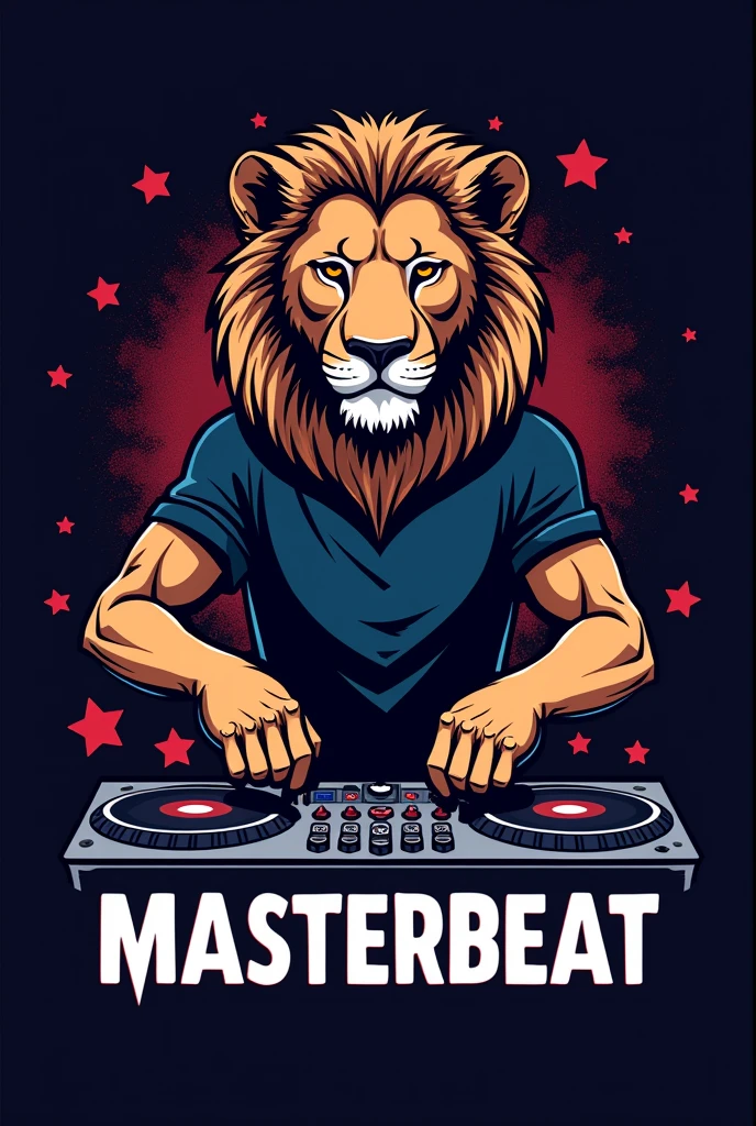 DJ logo that says MASTERBEAT, with some turntables and a DJ and behind the DJ a lion as protection