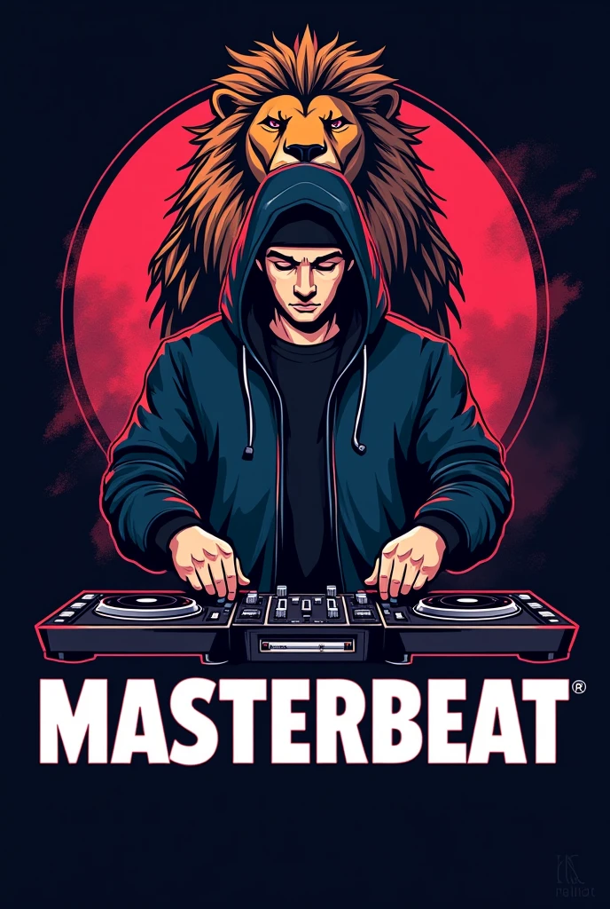 DJ logo that says MASTERBEAT, with some turntables and a DJ and behind the DJ a lion as protection