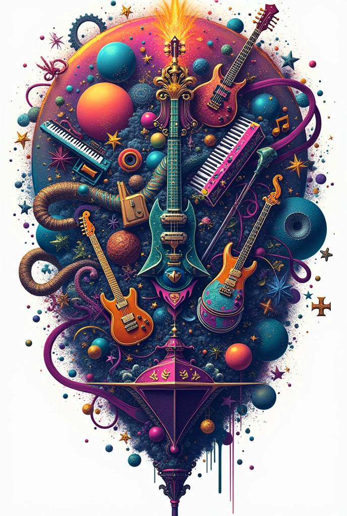 Create an extremely intricate and complex music band logo with a transparent background. The logo should be a chaotic yet harmonious fusion of various musical and abstract elements. Include a dense array of overlapping musical instruments such as electric guitars, violins, saxophones, keyboards, drum sets, and DJ turntables, all intertwined with swirling musical notes, soundwaves, and abstract shapes like fractals, spirals, and tessellations. Incorporate cosmic elements such as stars, galaxies, and nebulae, along with natural elements like lightning, fire, water splashes, leaves, and smoke. Add geometric shapes such as cubes, spheres, pyramids, and hexagons, layered with intricate textures like metallic, glass, marble, and holographic patterns. Use a vibrant color palette with neon blues, purples, greens, hot pinks, and contrasting metallic hues like gold and silver, creating a 3D effect with shadows and highlights. The design should have multiple layers and dimensions, with elements overlapping and blending seamlessly, giving a sense of depth and motion. Ensure the overall style is highly detailed, avant-garde, and visually striking, with no text, and make sure it has a transparent background for versatility in use.