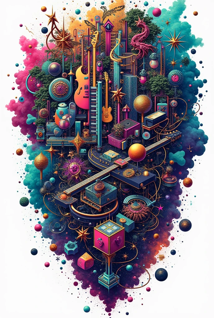 Create an extremely intricate and complex music band logo with a transparent background. The logo should be a chaotic yet harmonious fusion of various musical and abstract elements. Include a dense array of overlapping musical instruments such as electric guitars, violins, saxophones, keyboards, drum sets, and DJ turntables, all intertwined with swirling musical notes, soundwaves, and abstract shapes like fractals, spirals, and tessellations. Incorporate cosmic elements such as stars, galaxies, and nebulae, along with natural elements like lightning, fire, water splashes, leaves, and smoke. Add geometric shapes such as cubes, spheres, pyramids, and hexagons, layered with intricate textures like metallic, glass, marble, and holographic patterns. Use a vibrant color palette with neon blues, purples, greens, hot pinks, and contrasting metallic hues like gold and silver, creating a 3D effect with shadows and highlights. The design should have multiple layers and dimensions, with elements overlapping and blending seamlessly, giving a sense of depth and motion. Ensure the overall style is highly detailed, avant-garde, and visually striking, with no text, and make sure it has a transparent background for versatility in use.