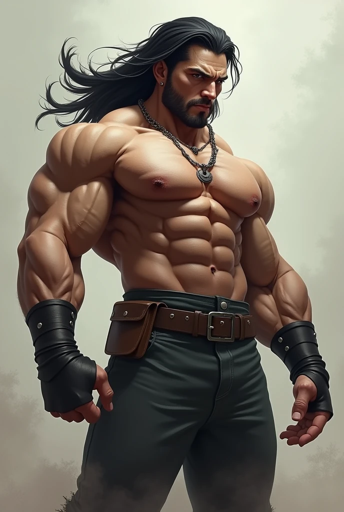 a white character, tall muscular black haired man with a mullet