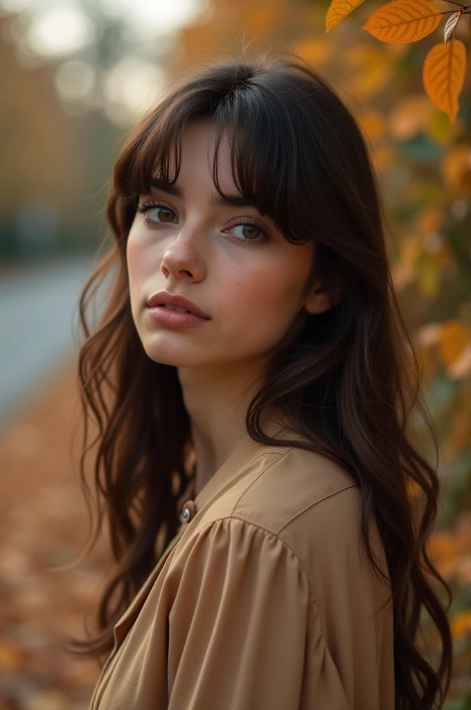an Italian teenage girl  , model, film grain, autumn , light brown blouse 
, Negative energy , beautiful brown eyes, Wavy hair with bangs Posing for social media 

