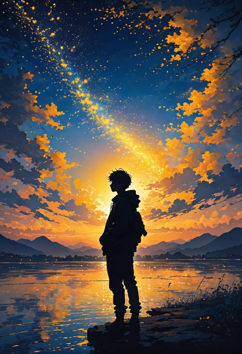 The image depicts the silhouette of a young man standing against a stunning sunset background. The sky transitions from a deep yellow near the horizon to a deep blue as it ascends. The person appears to be enveloped in a series of tiny glowing fairy lights, some of which are illuminated, creating a stunning and captivating contrast to the dark silhouette. The person appears to be holding out one arm, perhaps adjusting to or interacting with the lights. The overall mood of the image is peaceful and magical.