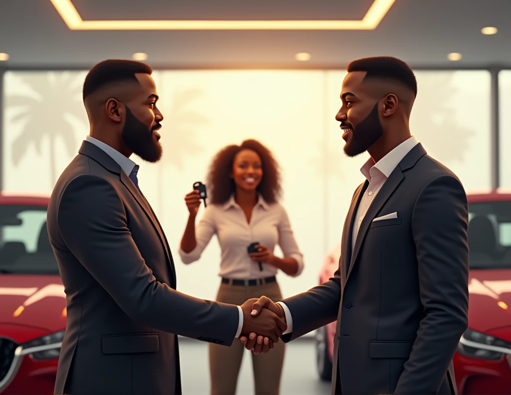 Image de deux homme afroamericain, qui se donne une poignet de main ferme avec une femme afroamericaine en arrière plan qui tient les clé d'une voiture dans une concession automobile