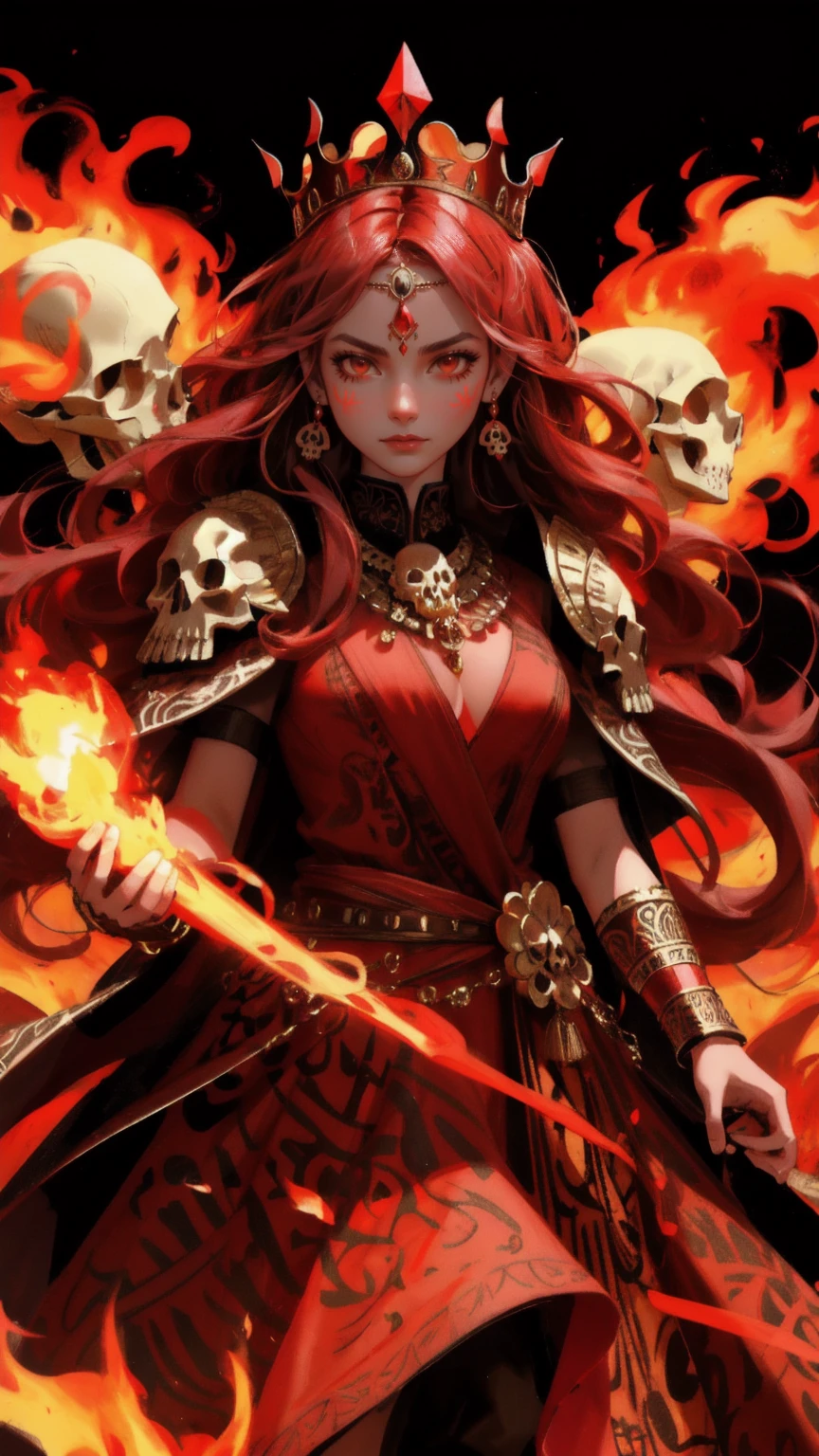 Create a digital artwork featuring a tribal skull adorned with intricate jewelry and a crown, set in a fiery red mystical battlefield. Include a fierce warrior girl with elaborate tribal attire beside the skull, her expression reflecting power and mysticism. The scene should blend elements of warfare and spirituality with a dominant red color theme."