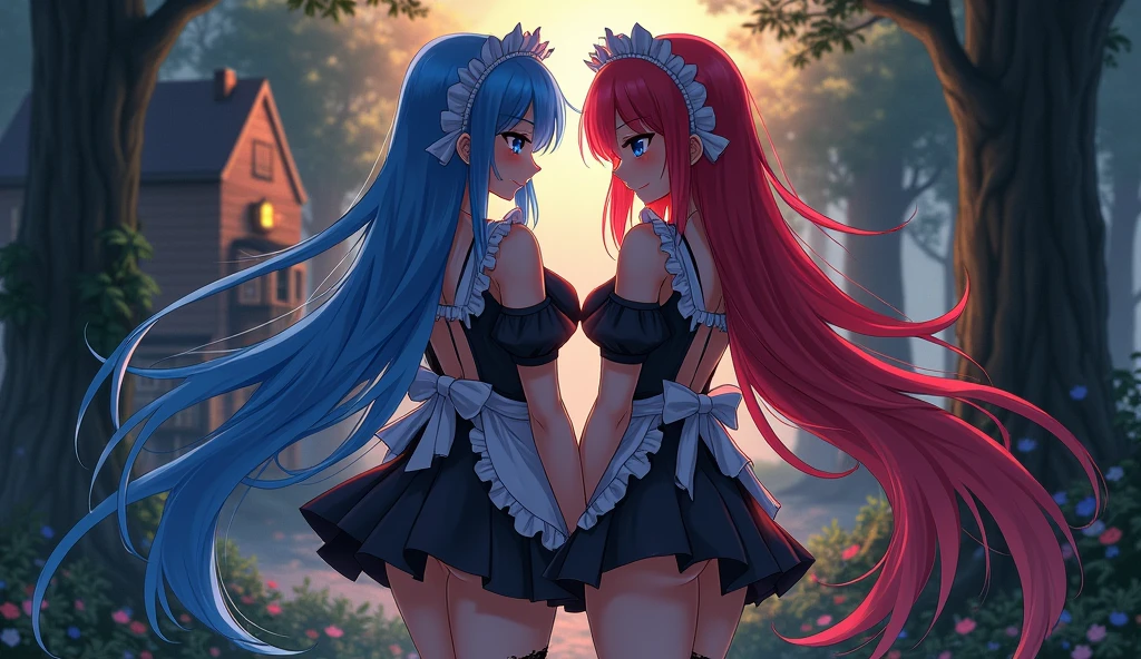 Ram and Rem anime, sexy, , the forest, twilight, girl on the right red hair, girl on the left blue hair, , long hair, hair pins, maid headdress, effects, stockings, big breasts, House in the background, torn clothes, clothes in mud