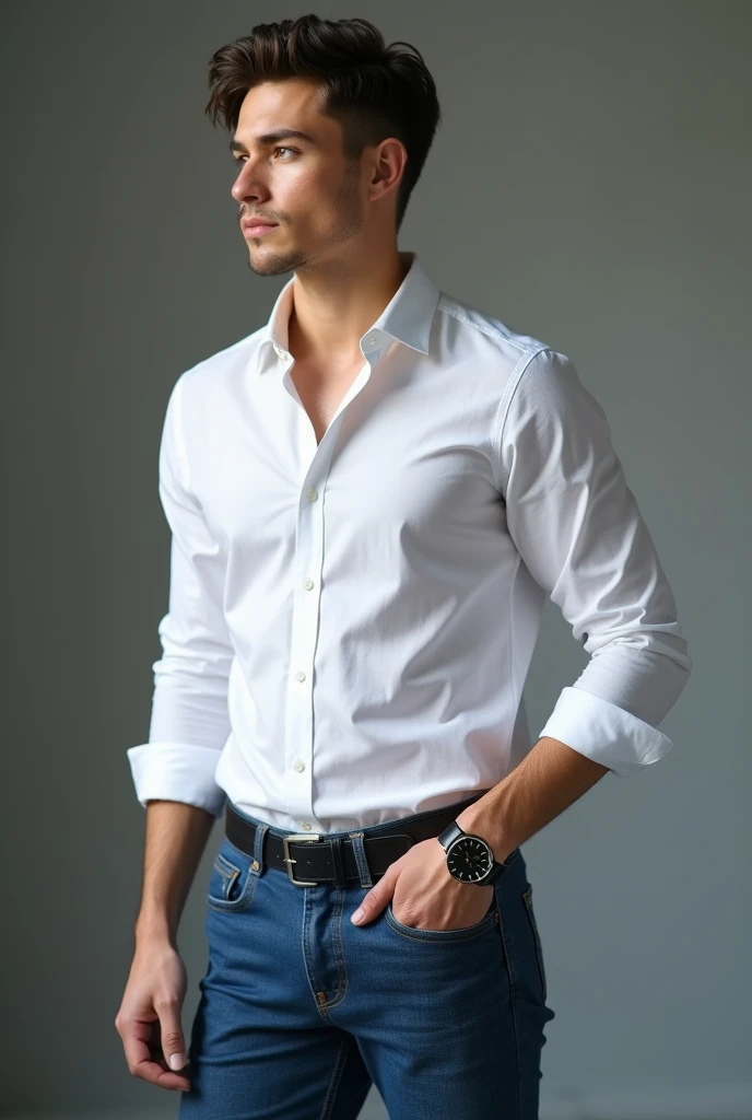 A rich boy who looks very handsome age of 20 full image clothe colour blue jeans white shirt and black luxury watch in hand the boy is looking the other side face are round