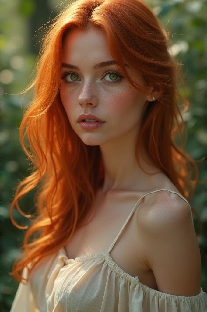woman 1.65 tall long wavy hair, reddish orange color ,green eyes,slightly thick lips and rounded face and medium breasts