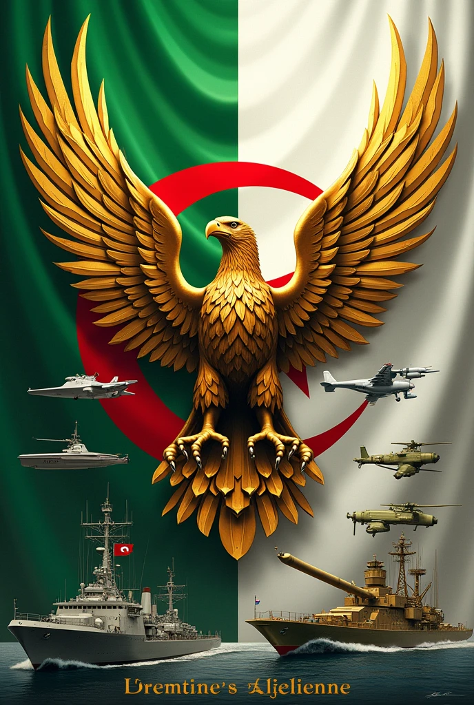 L'armée algérienne écrit en lettre d'or
Aigle royal avec les couleurs de l'Algérie de couleur vert blanc croissant de lune et étoile rouge couleur sang avion porte-avion sous-marin et armée de terre