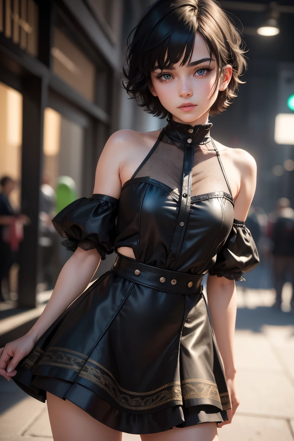 Child girl with short masculine black haircut, bright green eyes, androgynous colorful streetwear clothes, beautiful detailed eyes, beautiful detailed lips, extremely detailed eyes and face, long eyelashes, portrait, photorealistic, photo-realistic:1.37, (best quality,4k,8k,highres,masterpiece:1.2), ultra-detailed, (realistic,HDR), studio lighting, ultra-fine painting, sharp focus, physically-based rendering, extreme detail description, professional, vivid colors, bokeh