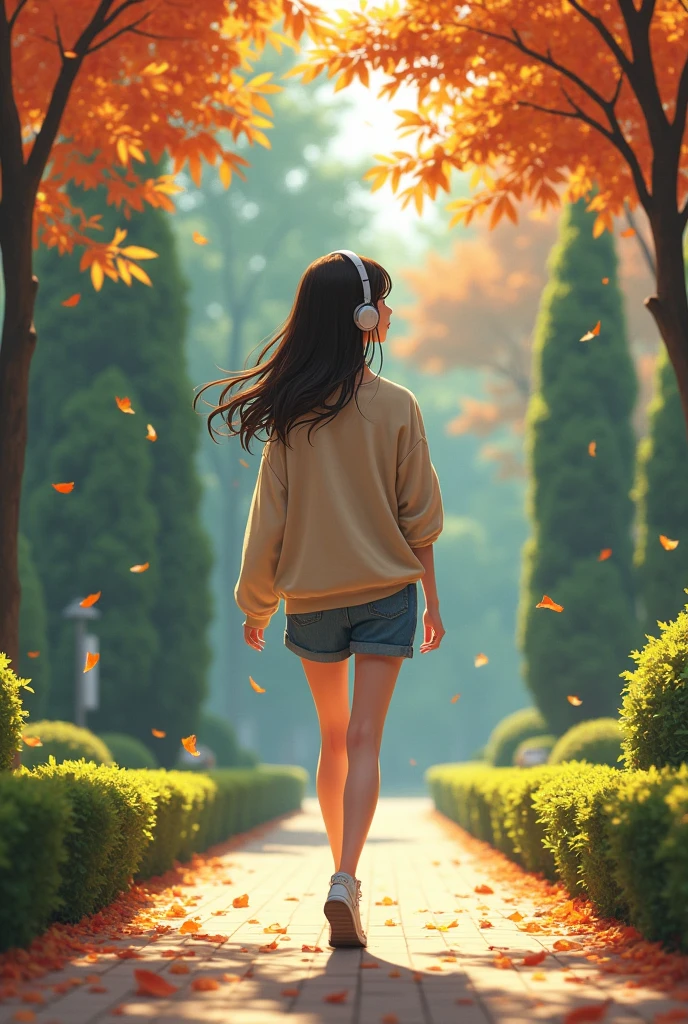Girl walking on the grass,Wearing headphones、As I turned around、garden. autumn. autumn. Adrian Jeanie style, Try Andrews, Aesthetics 90s Anime.