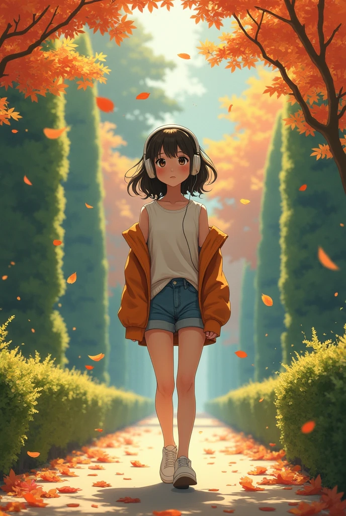 Girl walking on the grass,Wearing headphones、As I turned around、garden. autumn. autumn. Adrian Jeanie style, Try Andrews, Aesthetics 90s Anime.