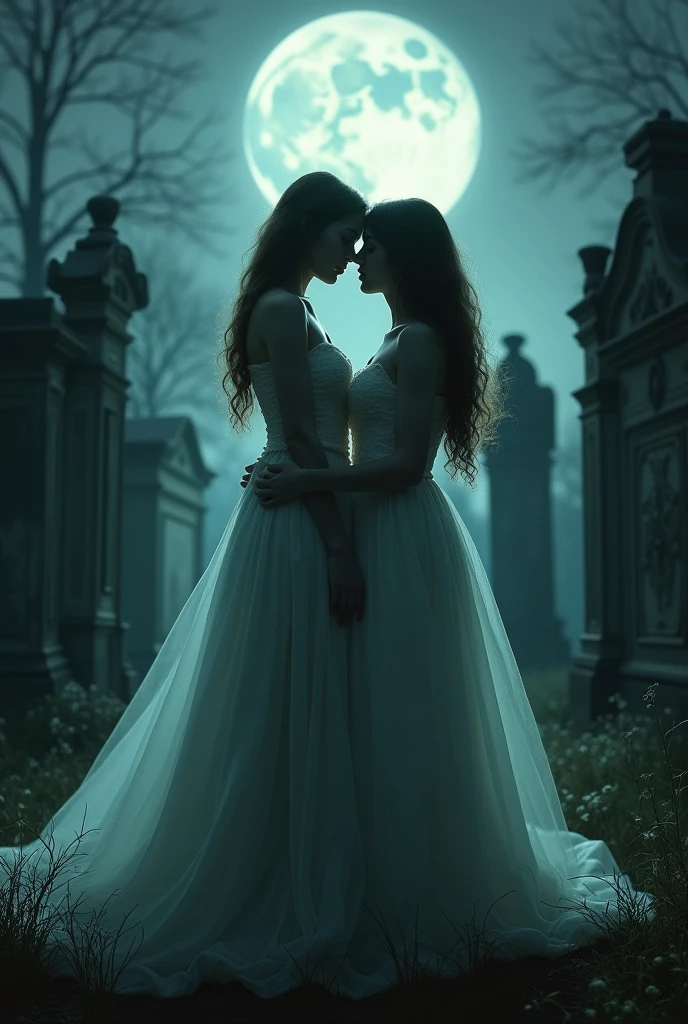 Full moon night in the background tombstones, and in the center, two women with their faces touching, one of them is a spirit.