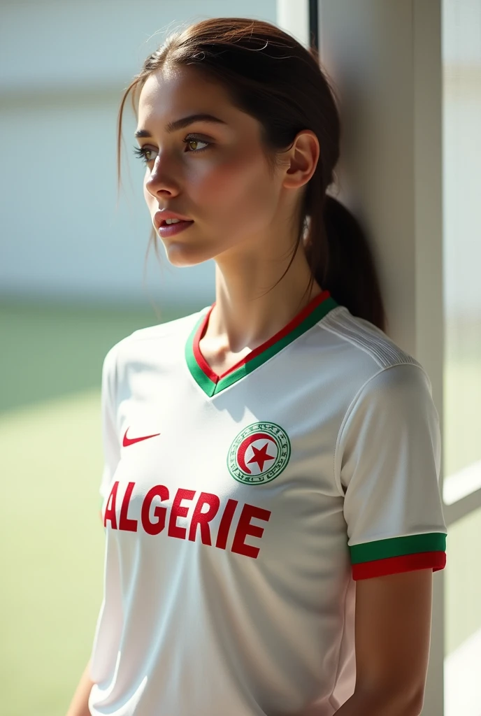 A beautiful girl wearing a white sports shirt, and on the shirt taught Algeria, looking at t-2