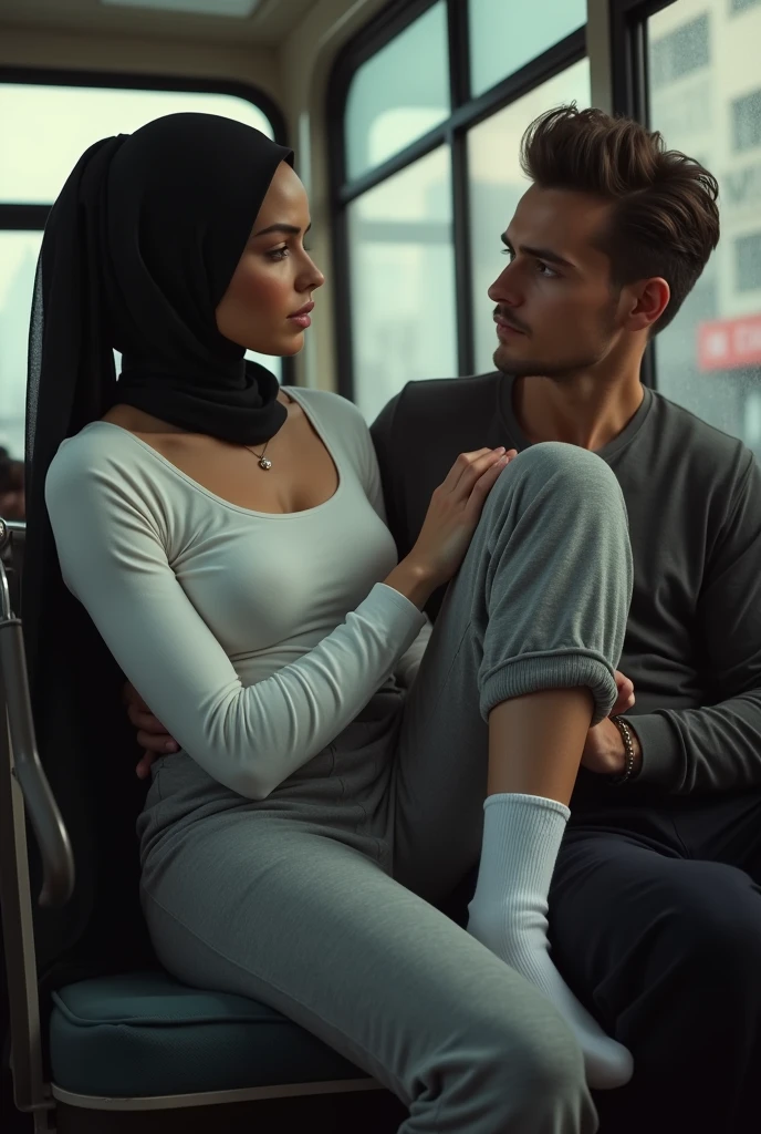with black headscarf, white long sleeve t shirt, white socks, Sexy skinny woman in grey sweatpants puts her feet on the man&#39;s lap on the bus. 