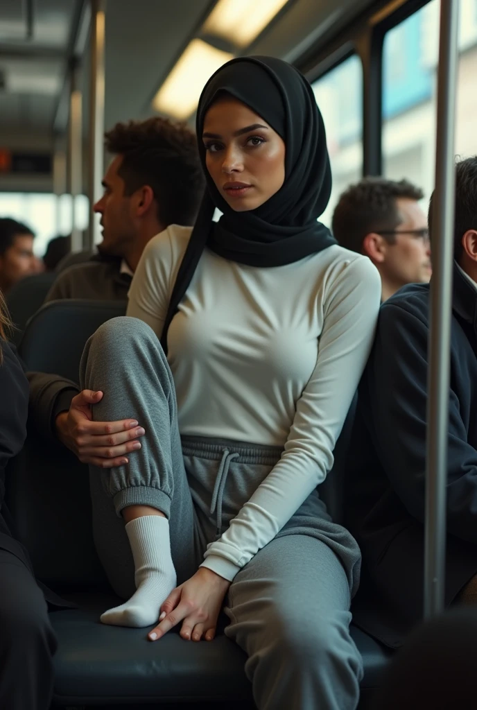 with black headscarf, white long sleeve t shirt, white socks, Sexy skinny woman in grey sweatpants puts her feet on the man&#39;s lap on the bus. 