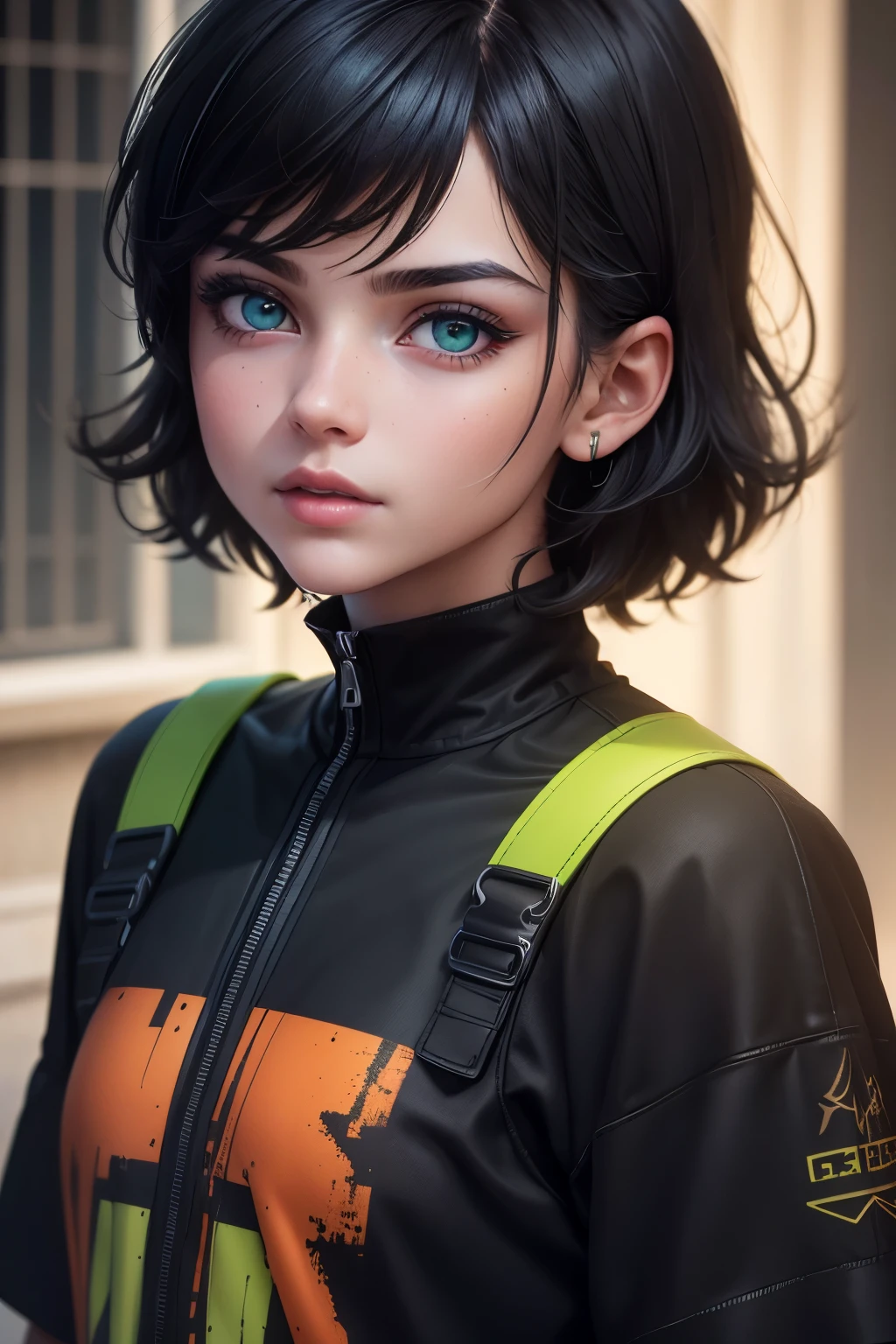 Child girl with short masculine black haircut, bright green eyes, androgynous colorful streetwear clothes, beautiful detailed eyes, beautiful detailed lips, extremely detailed eyes and face, long eyelashes, portrait, photorealistic, photo-realistic:1.37, (best quality,4k,8k,highres,masterpiece:1.2), ultra-detailed, (realistic,HDR), studio lighting, ultra-fine painting, sharp focus, physically-based rendering, extreme detail description, professional, vivid colors, bokeh