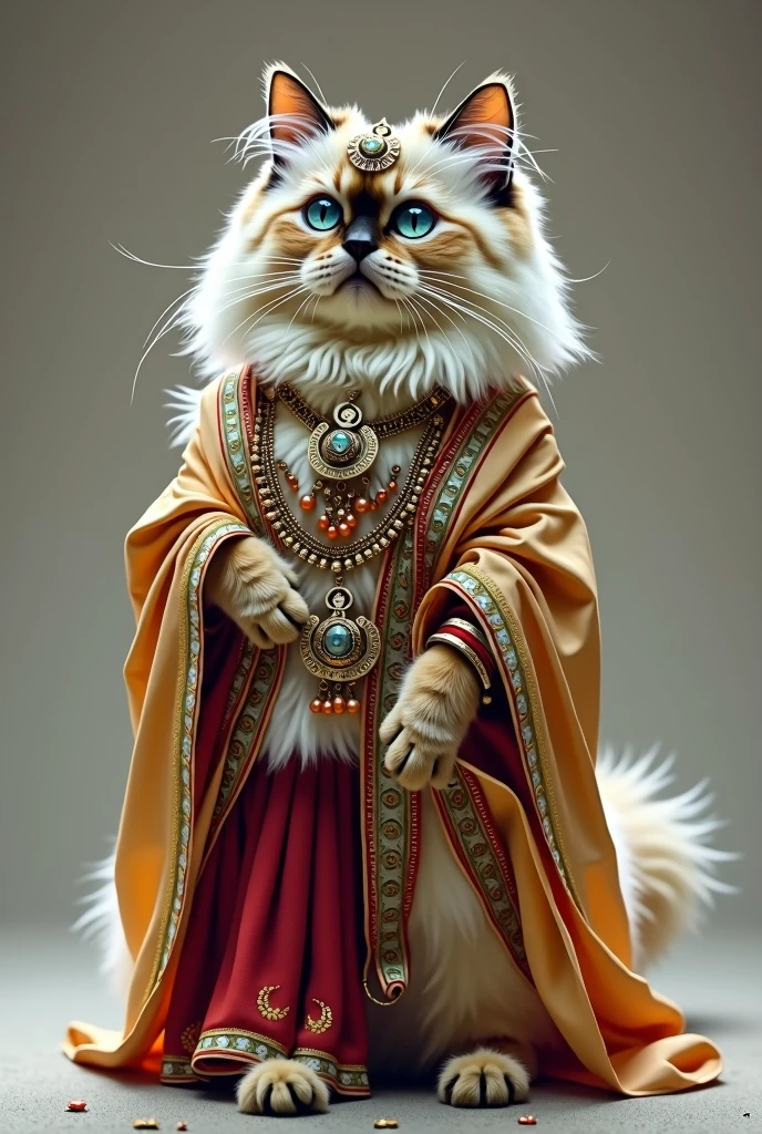 Excessive detail of a Himalayan cat standing on its legs wearing an Indian sari, jewelry on its head and ear rings. Full body image as real as in real life.