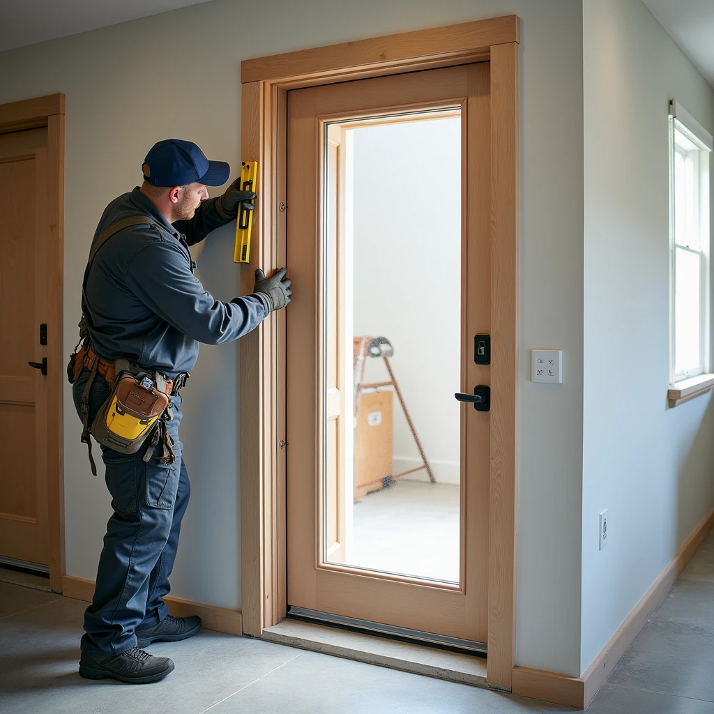 The image should depict a professional technician installing an entry door equipped with a thermal break. The technician should be shown carefully positioning the door into its frame, using tools like a level and screwdriver to ensure precise alignment and secure fit. Emphasize the thermal break feature of the door, highlighting its insulating properties. The background should feature a clean and organized work area, either at a residential or commercial property, with the door clearly visible. The scene should convey professionalism, attention to detail, and the high-quality craftsmanship involved in the installation process, showcasing the door’s advanced thermal insulation benefits and the technician’s expertise