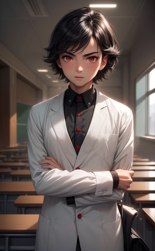 (masterpiece,best quality,ultra_detailed,highres,absurdres),boy, (handsome face), black wolfcut hair, school uniform, classroom, handsome, snow white skin, red eyes, fangs (looking  away:1.2)