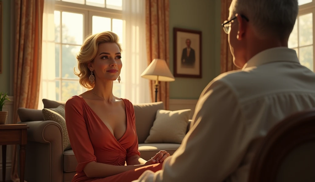 a blonde and sensual woman, elegantly dressed, is sitting in a well-lit living room, talking to a neighbor who is having a cup of tea. The woman remains the same in all images, with a friendly and charming expression. In each image, the neighbor is different: in the first, he is young and athletic; on Monday, he is a middle-aged man with a beard; in the third, he is a nice old man; and on Wednesday, he is a man with glasses and a more formal style. The room has a cozy decor, with classic furniture and soft lighting that creates an inviting and peaceful atmosphere