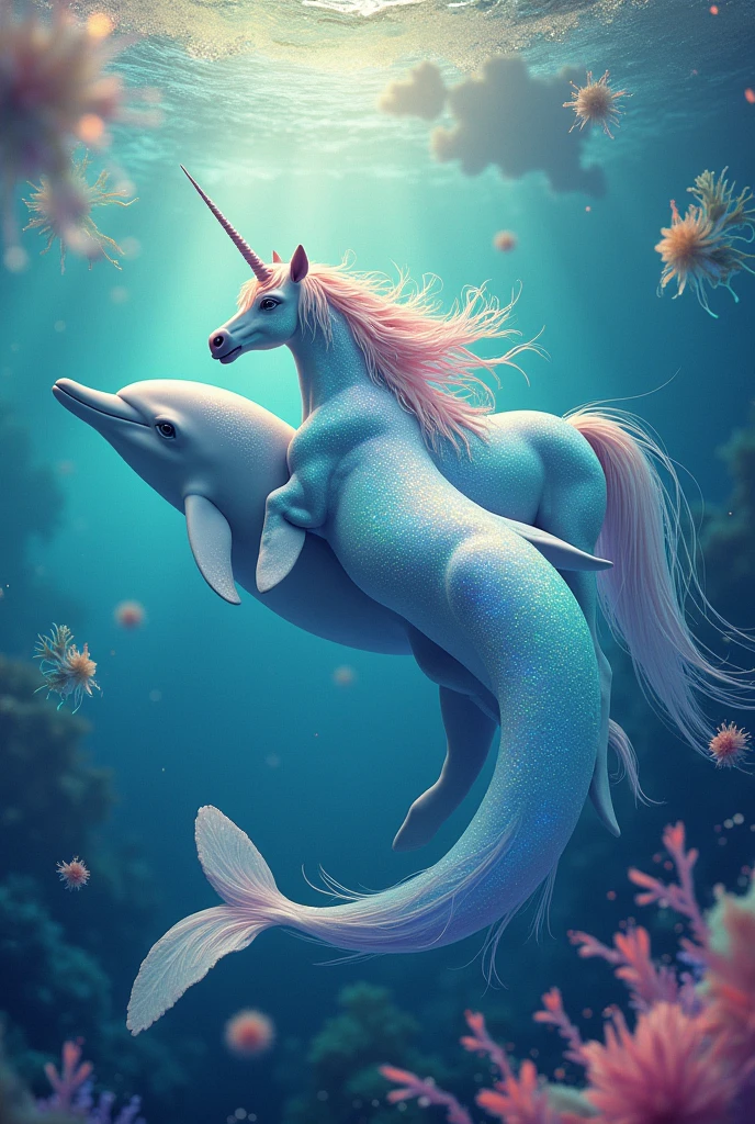 A very colorful image of a sea with a unicorn and a dolphin