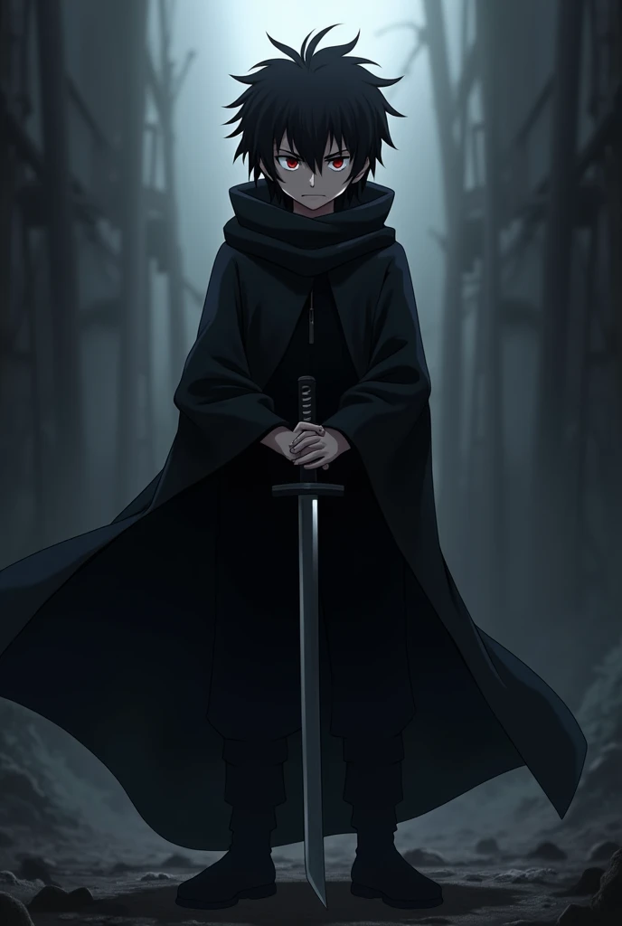adolescent,Black anime,holding a katana,with a dark cloak,staring straight ahead,with a look of hatred.