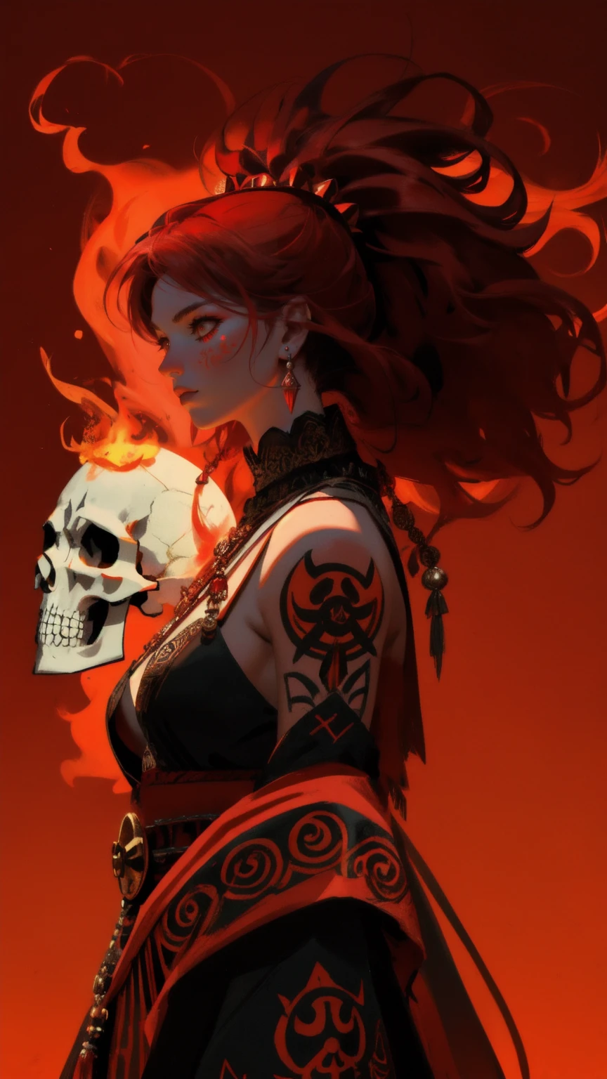 Illustrate a scene with a stylized, ornamental skull in the center, surrounded by mystical symbols and warriors, against a red, fiery background. Add a strong female character, possibly a shaman or warrior, dressed in tribal gear, matching the skull's intensity. Focus on vibrant reds to convey a sense of otherworldly power and drama.